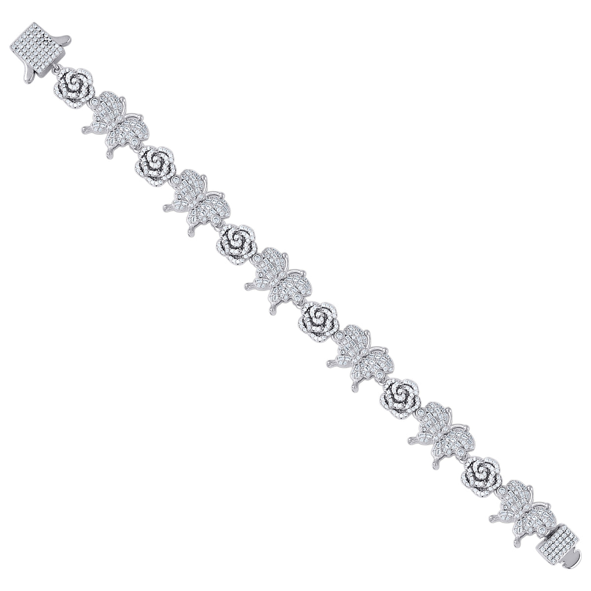 925 Sterling Silver Womens Baguette Round  3.39ct, 2.45ct  Moissanite Flower Butterfly Charm Bracelet 7.5 Inches