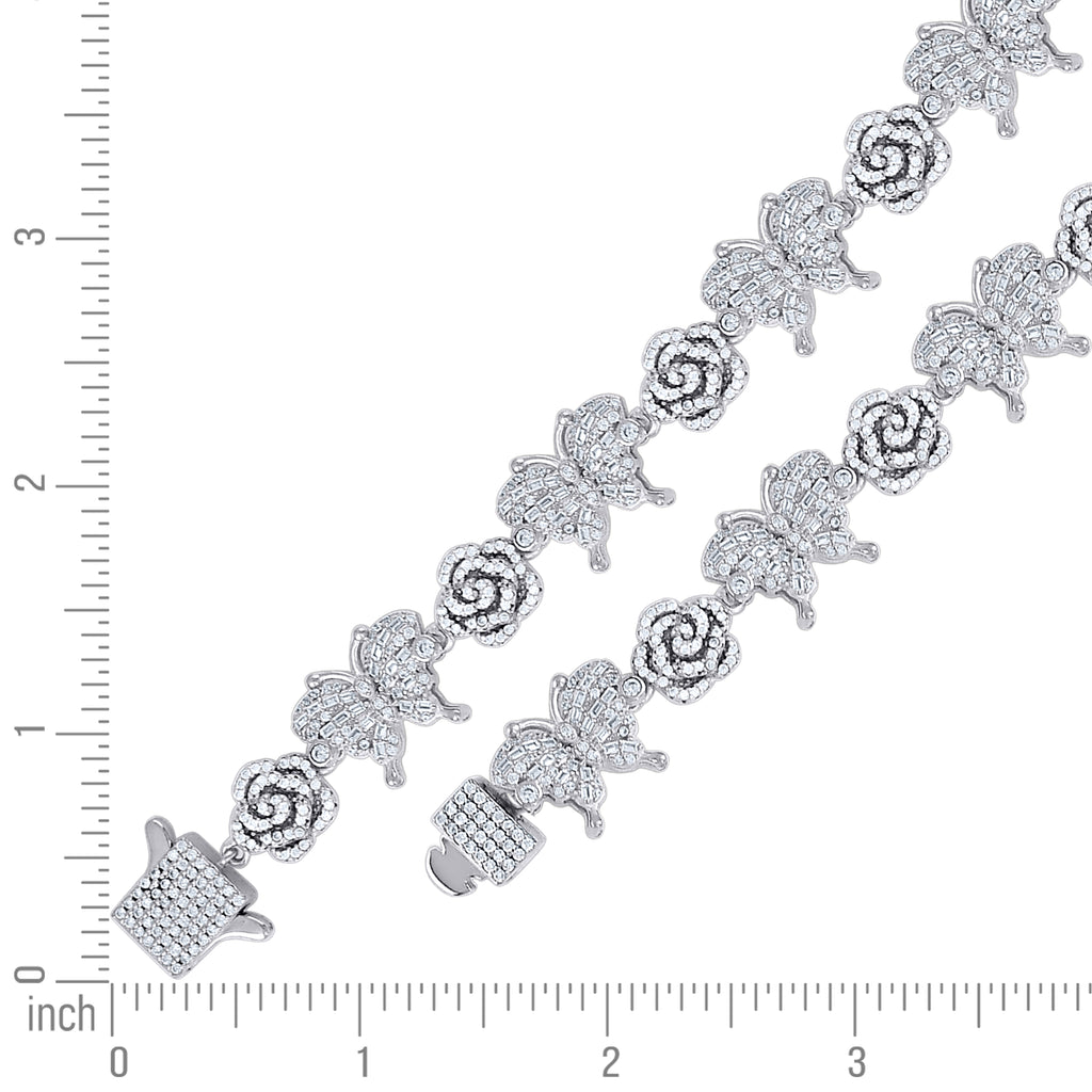 925 Sterling Silver Womens Baguette Round  3.39ct, 2.45ct  Moissanite Flower Butterfly Charm Bracelet 7.5 Inches