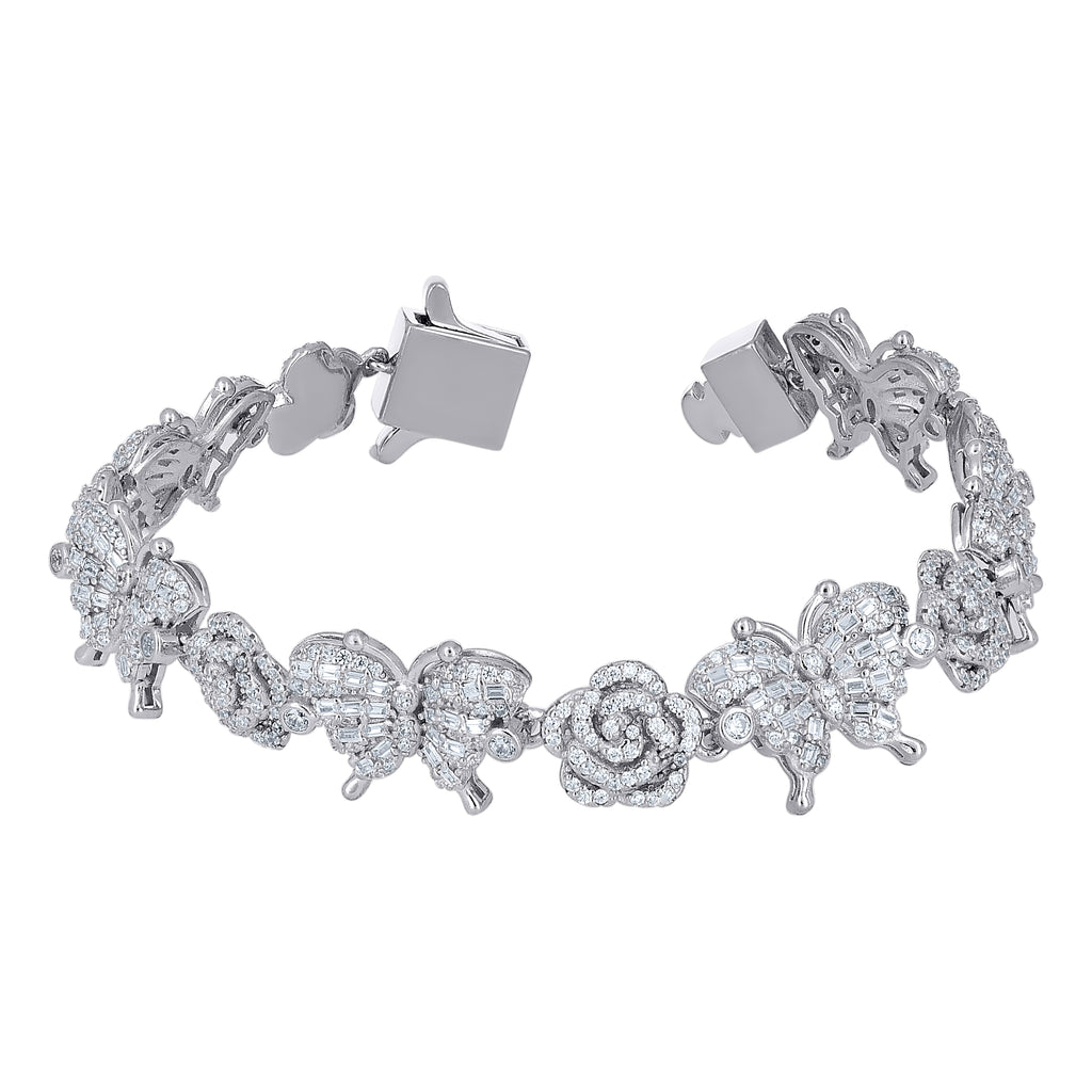925 Sterling Silver Womens Baguette Round  3.39ct, 2.45ct  Moissanite Flower Butterfly Charm Bracelet 7.5 Inches