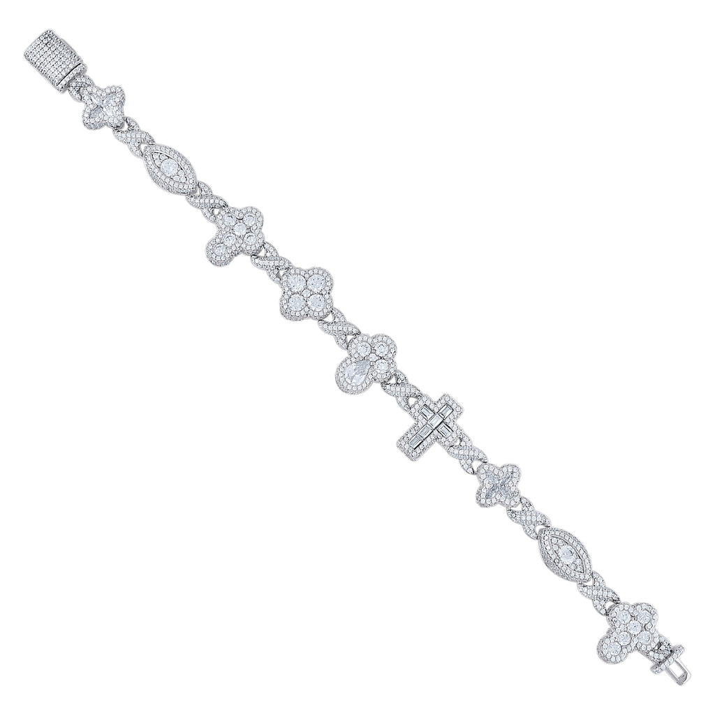 925 Sterling Silver Unisex  9.49ct, 2.26ct  Moissanite Infinity Cross Religious Charm Bracelet 7.5 Inches