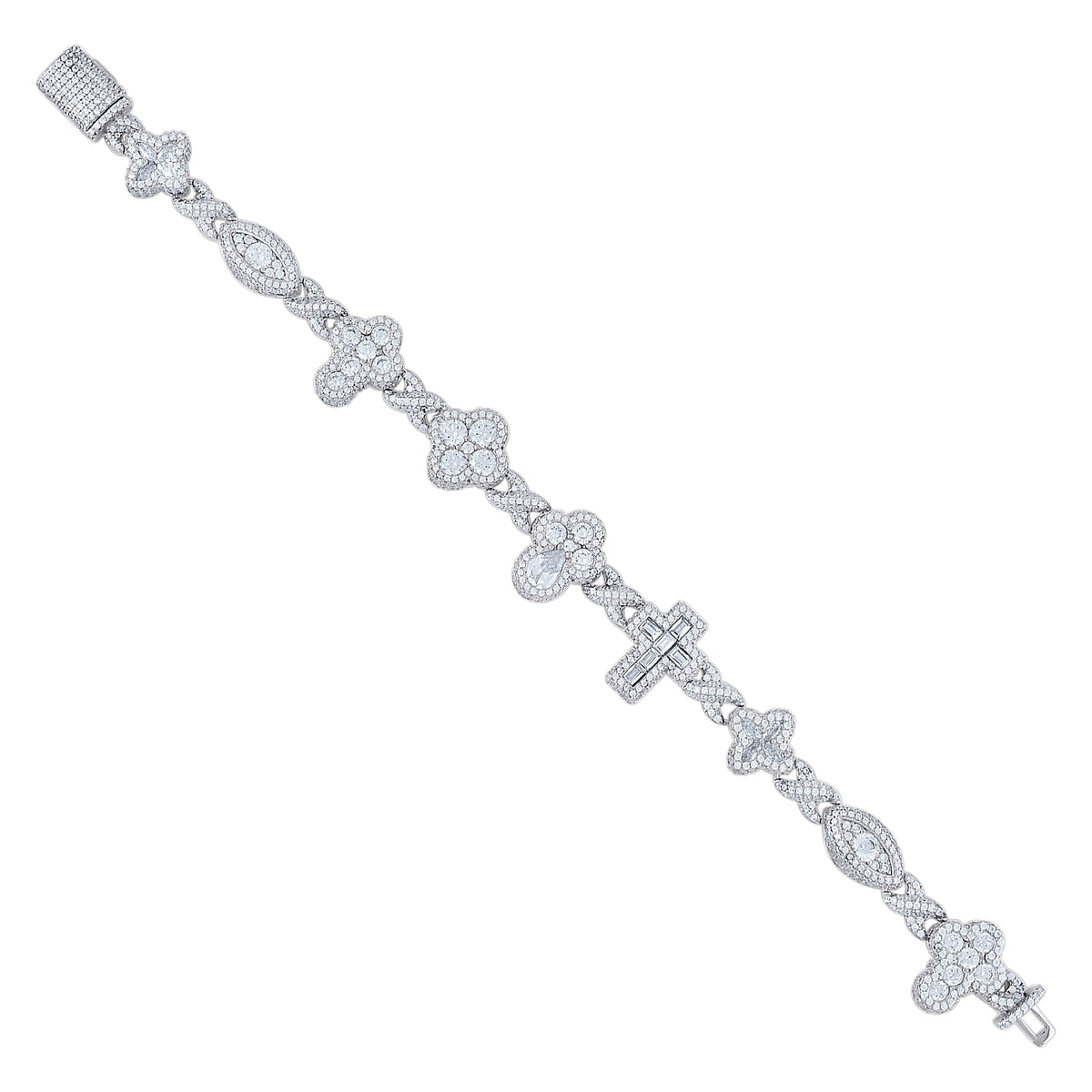 925 Sterling Silver Unisex  9.49ct, 2.26ct  Moissanite Infinity Cross Religious Charm Bracelet 7.5 Inches