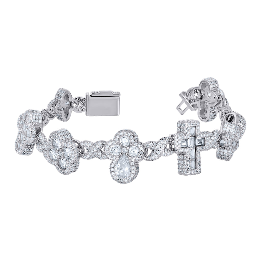 925 Sterling Silver Unisex  9.49ct, 2.26ct  Moissanite Infinity Cross Religious Charm Bracelet 7.5 Inches
