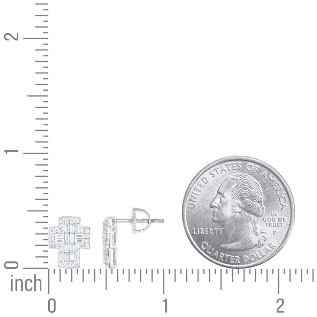 925 Sterling Silver Women Round Baguette  0.33ct, 0.67ct Moissanite Cross Religious Stud Earrings