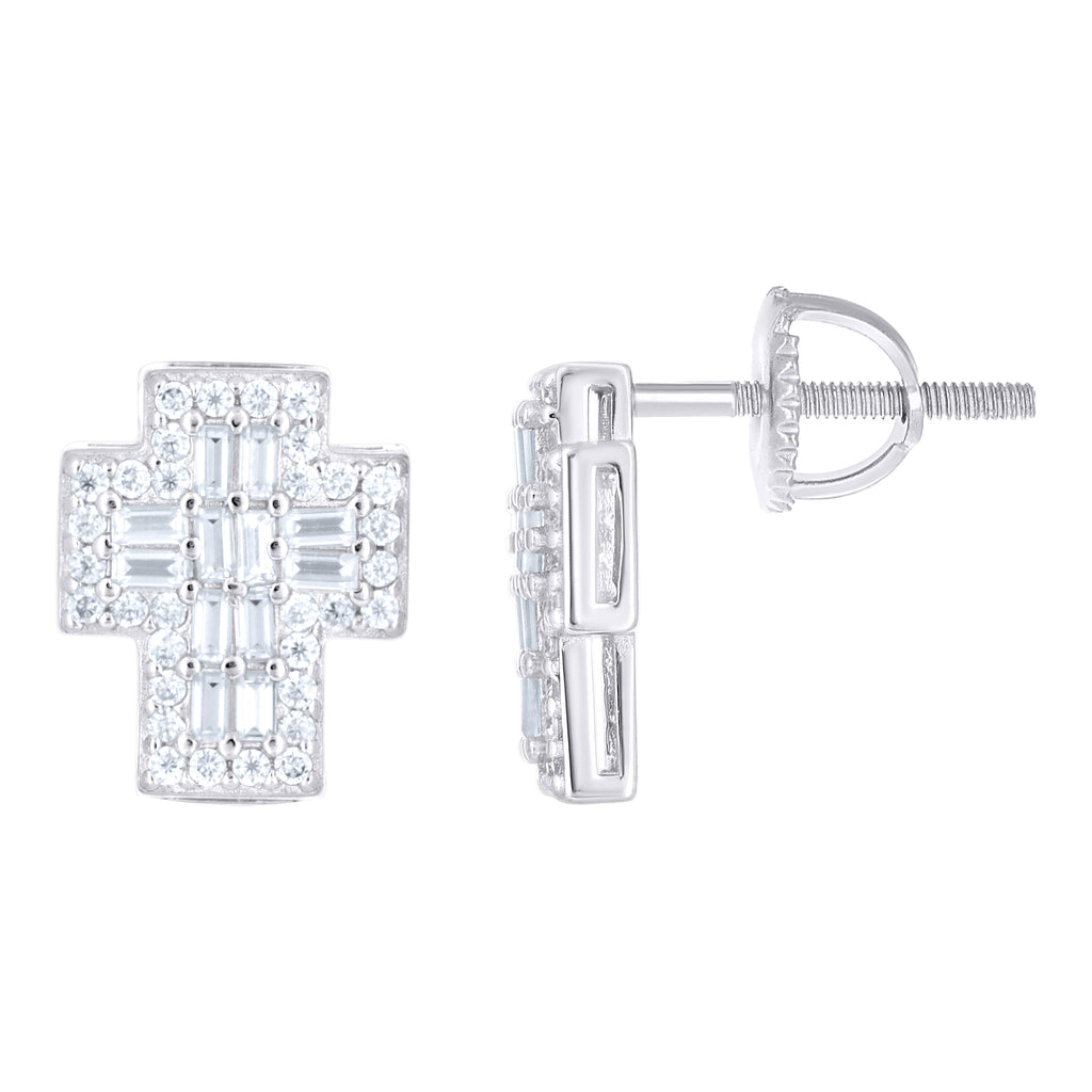 925 Sterling Silver Women Round Baguette  0.33ct, 0.67ct Moissanite Cross Religious Stud Earrings