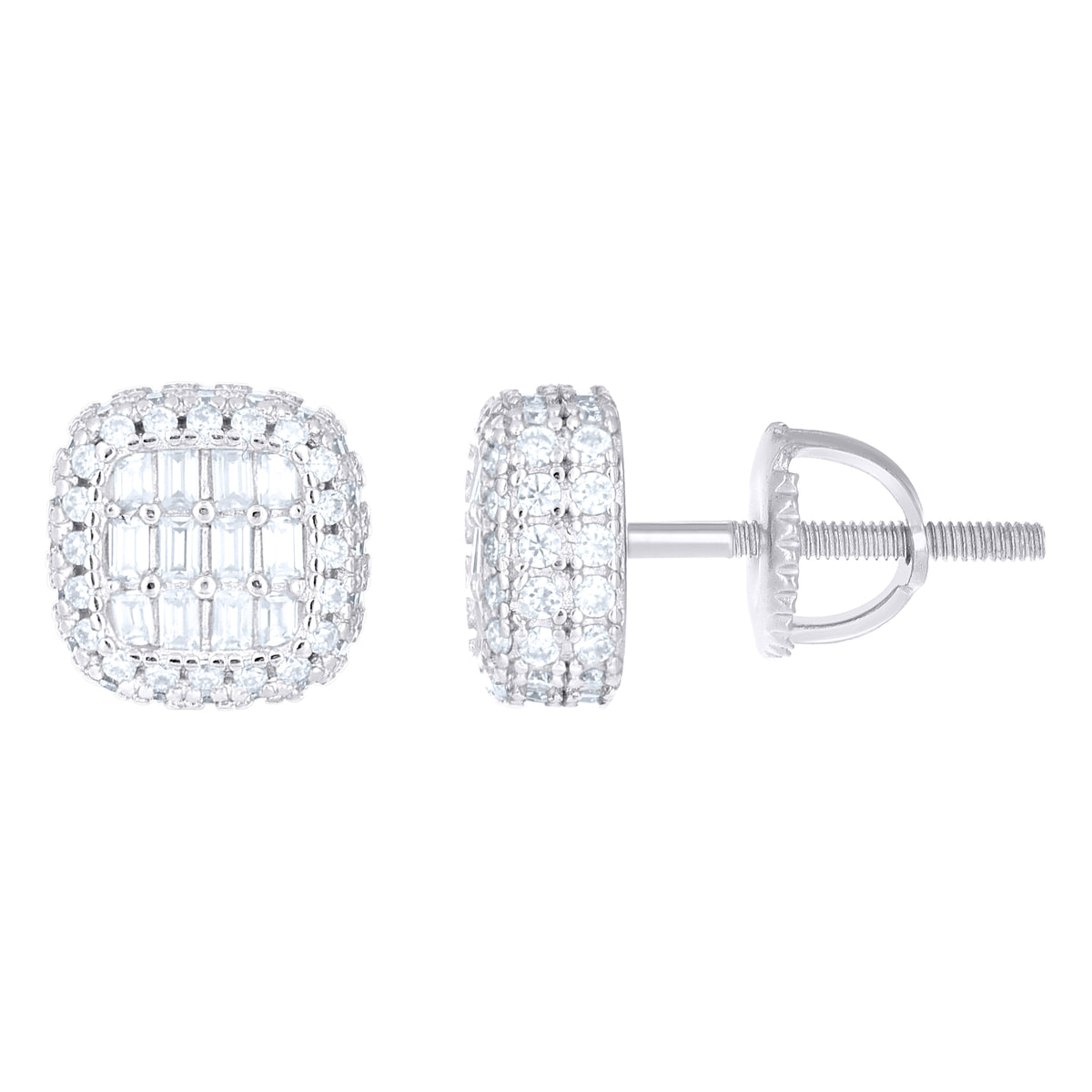 925 Sterling Silver Women Round Baguette  0.66ct, 0.45ct Moissanite Square Stud Earrings