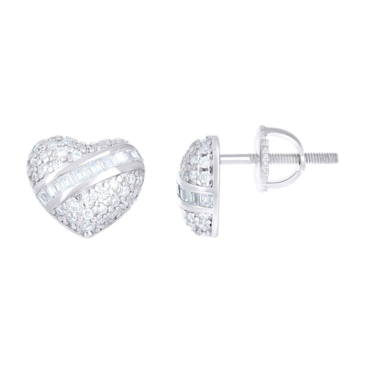 925 Sterling Silver Women Round Baguette  0.29ct, 0.20ct Moissanite Heart Stud Earrings