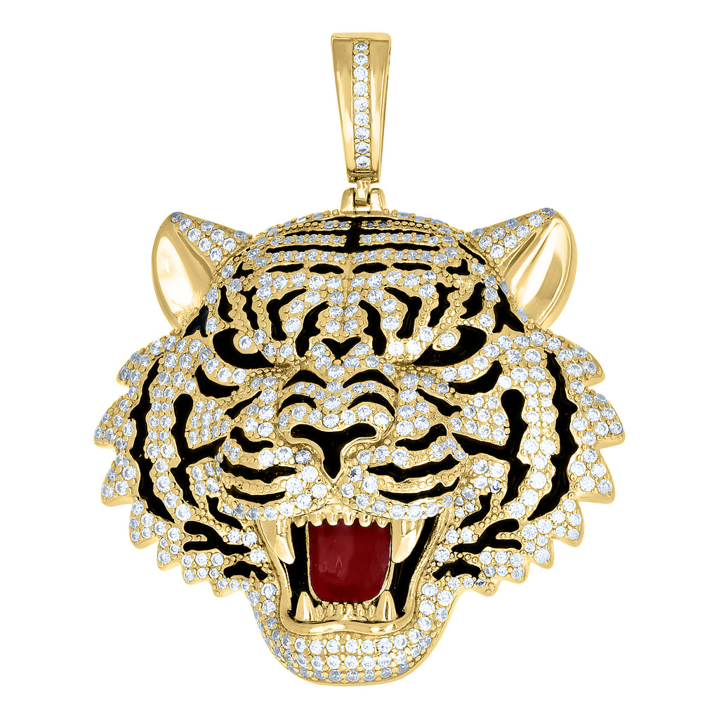 925 Sterling Silver Yellow-Tone Mens  4.11ct  Moissanite Enameled Tiger Fashion Pendant