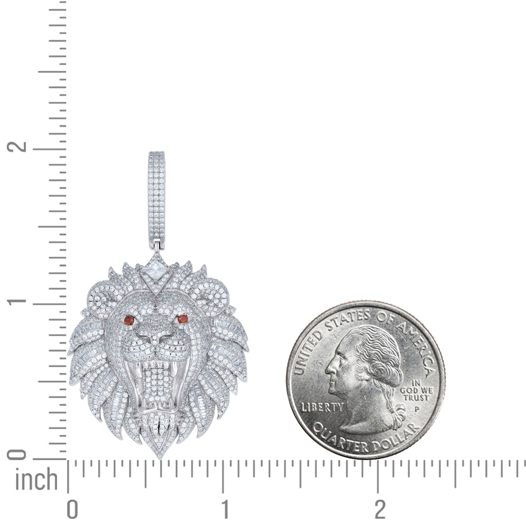925 Sterling Silver Mens Red White Baguette Princess-Cut Round  5.84ct, 2.05ct  Moissanite Loin Fashion Pendant