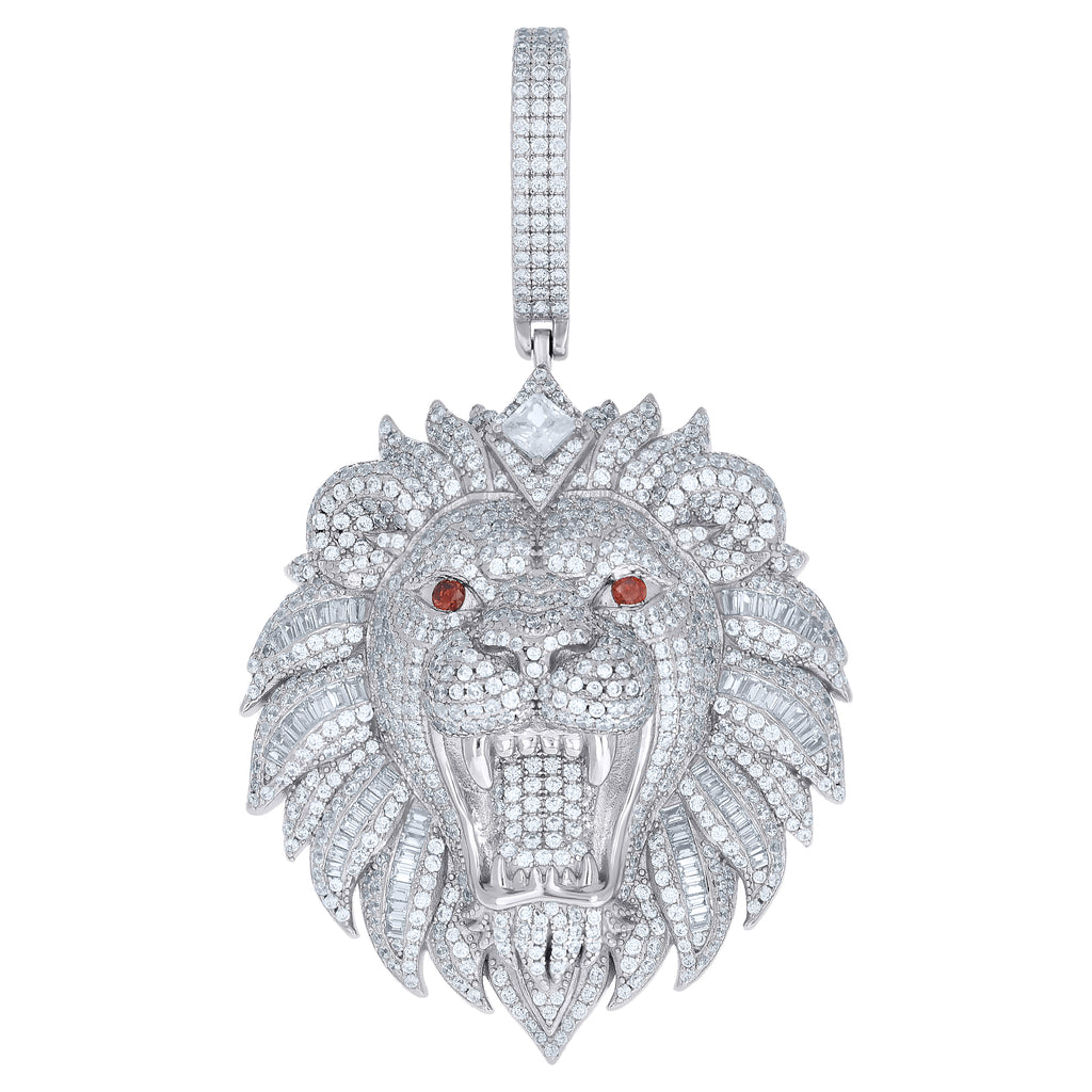 925 Sterling Silver Mens Red White Baguette Princess-Cut Round  5.84ct, 2.05ct  Moissanite Loin Fashion Pendant