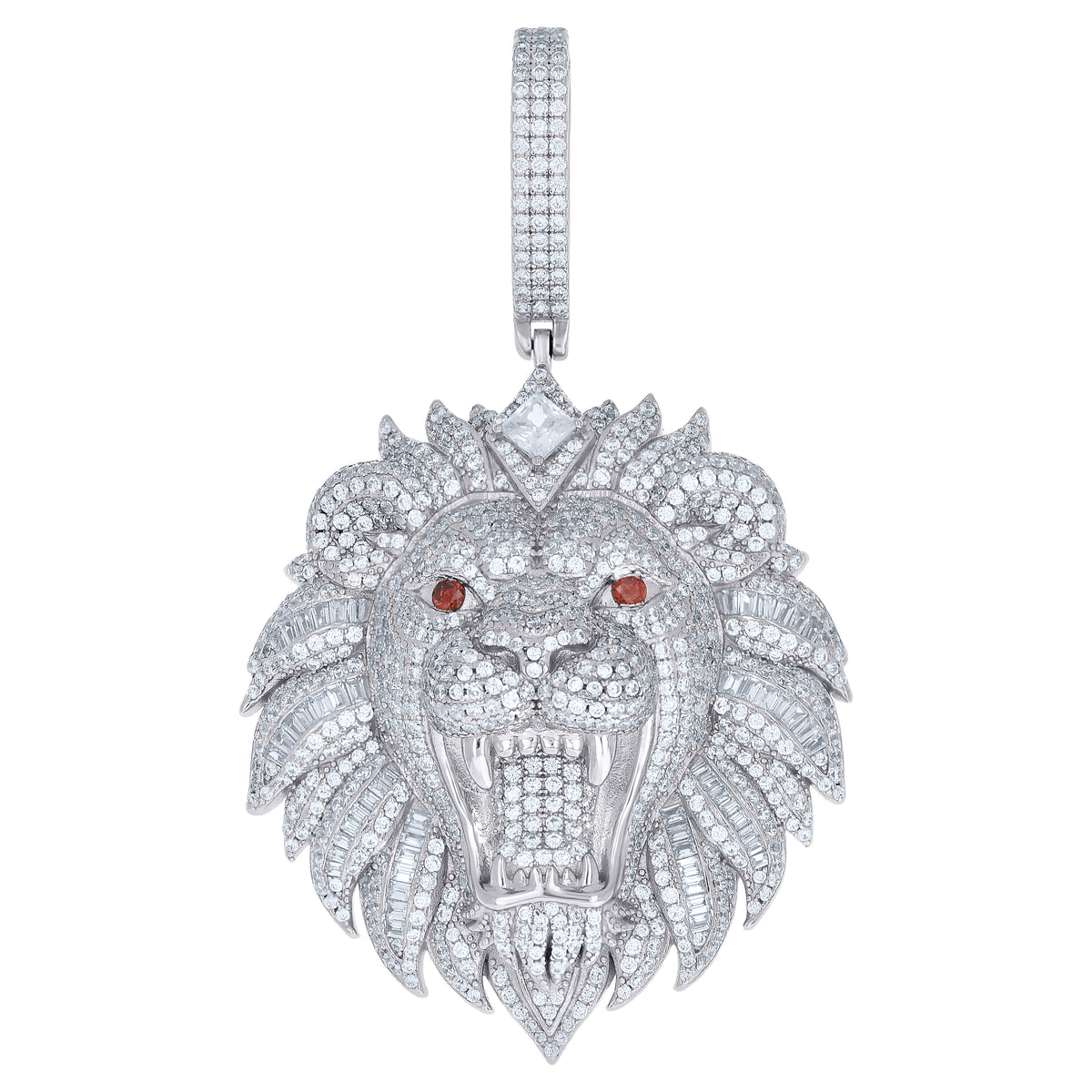 925 Sterling Silver Mens Red White Baguette Princess-Cut Round  5.84ct, 2.05ct  Moissanite Loin Fashion Pendant