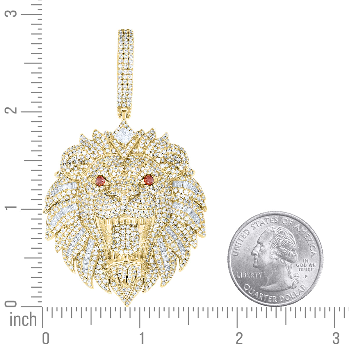 925 Sterling Silver Yellow-tone Men White Red Round Princess-Cut  5.84ct, 2.05ct Moissanite Leo/Lion Head Zodiac Sign/Wildlife Pendant