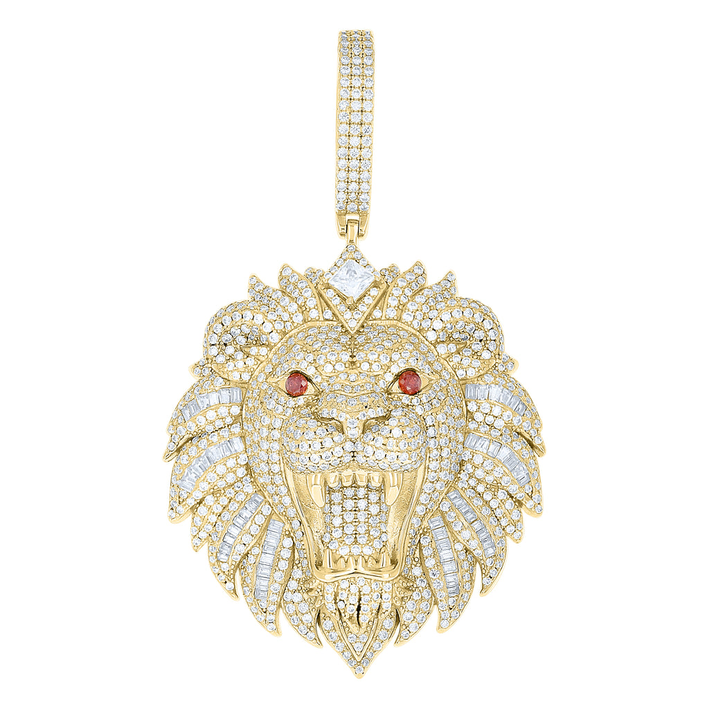 925 Sterling Silver Yellow-tone Men White Red Round Princess-Cut  5.84ct, 2.05ct Moissanite Leo/Lion Head Zodiac Sign/Wildlife Pendant