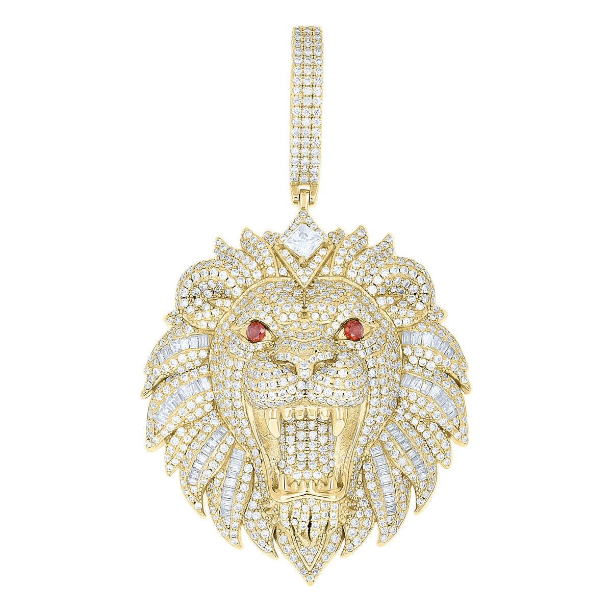925 Sterling Silver Yellow-tone Men White Red Round Princess-Cut  5.84ct, 2.05ct Moissanite Leo/Lion Head Zodiac Sign/Wildlife Pendant