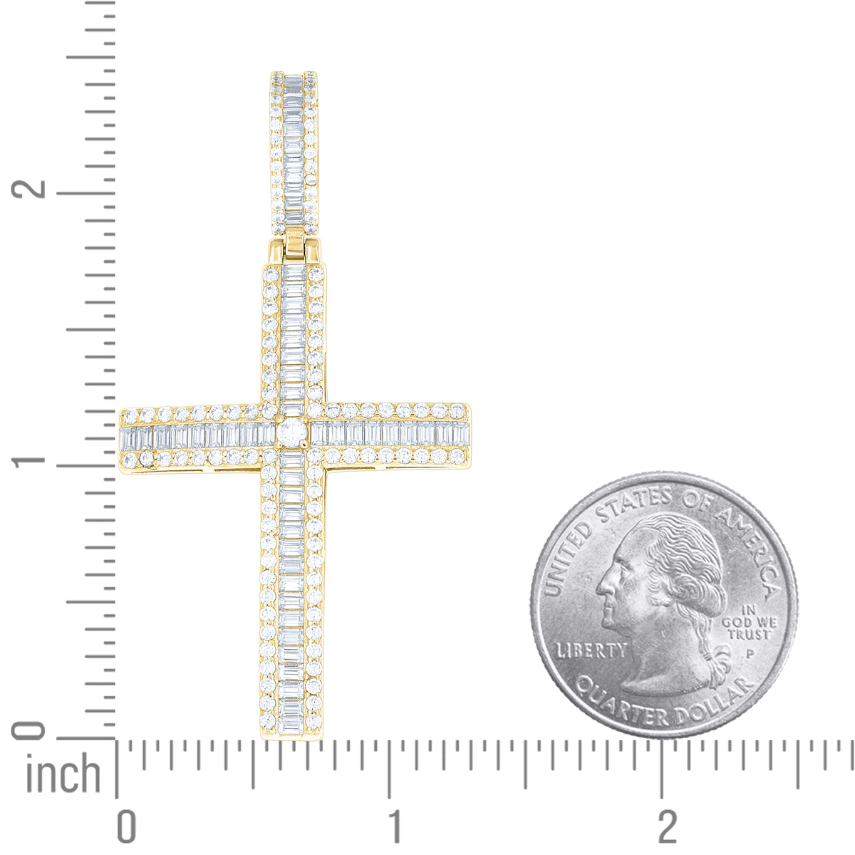925 Sterling Silver Yellow-tone Men Round Baguette  1.86ct, 2.81ct Moissanite Cross Religious Pendant