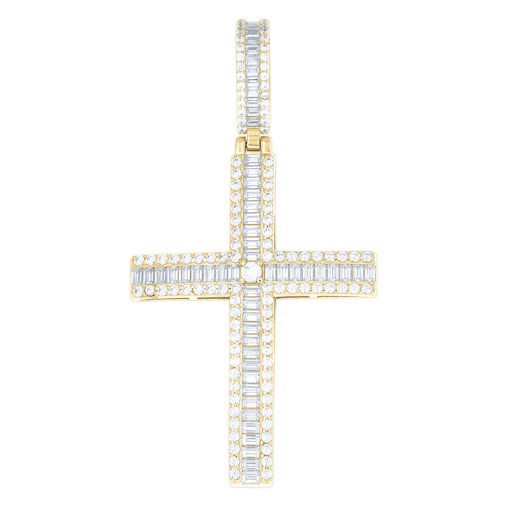 925 Sterling Silver Yellow-tone Men Round Baguette  1.86ct, 2.81ct Moissanite Cross Religious Pendant