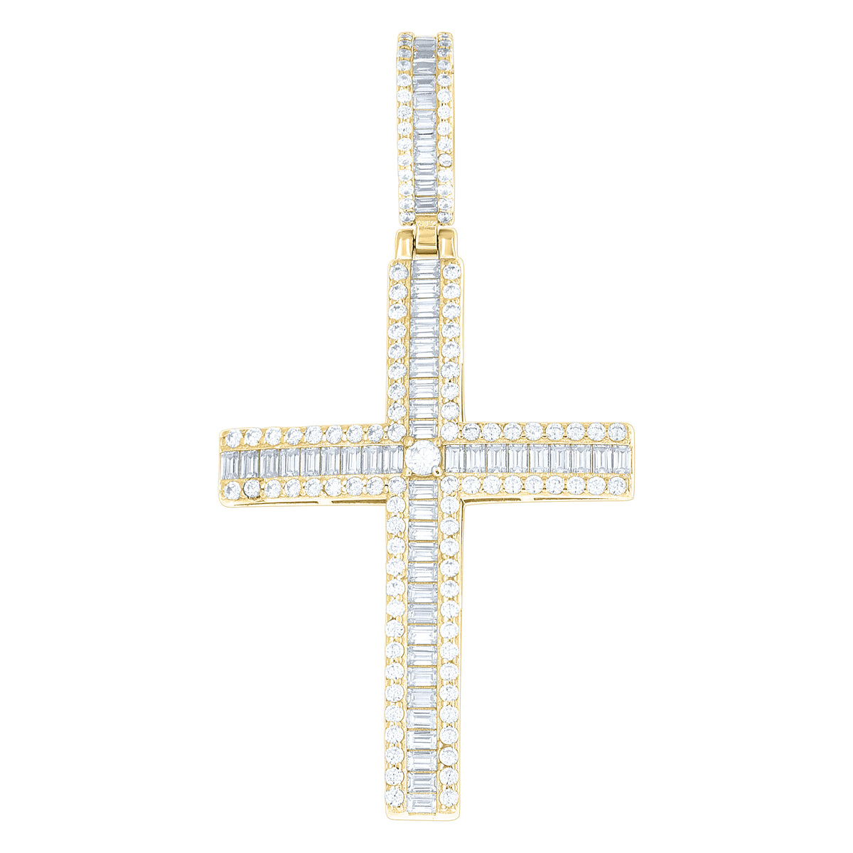 925 Sterling Silver Yellow-tone Men Round Baguette  1.86ct, 2.81ct Moissanite Cross Religious Pendant