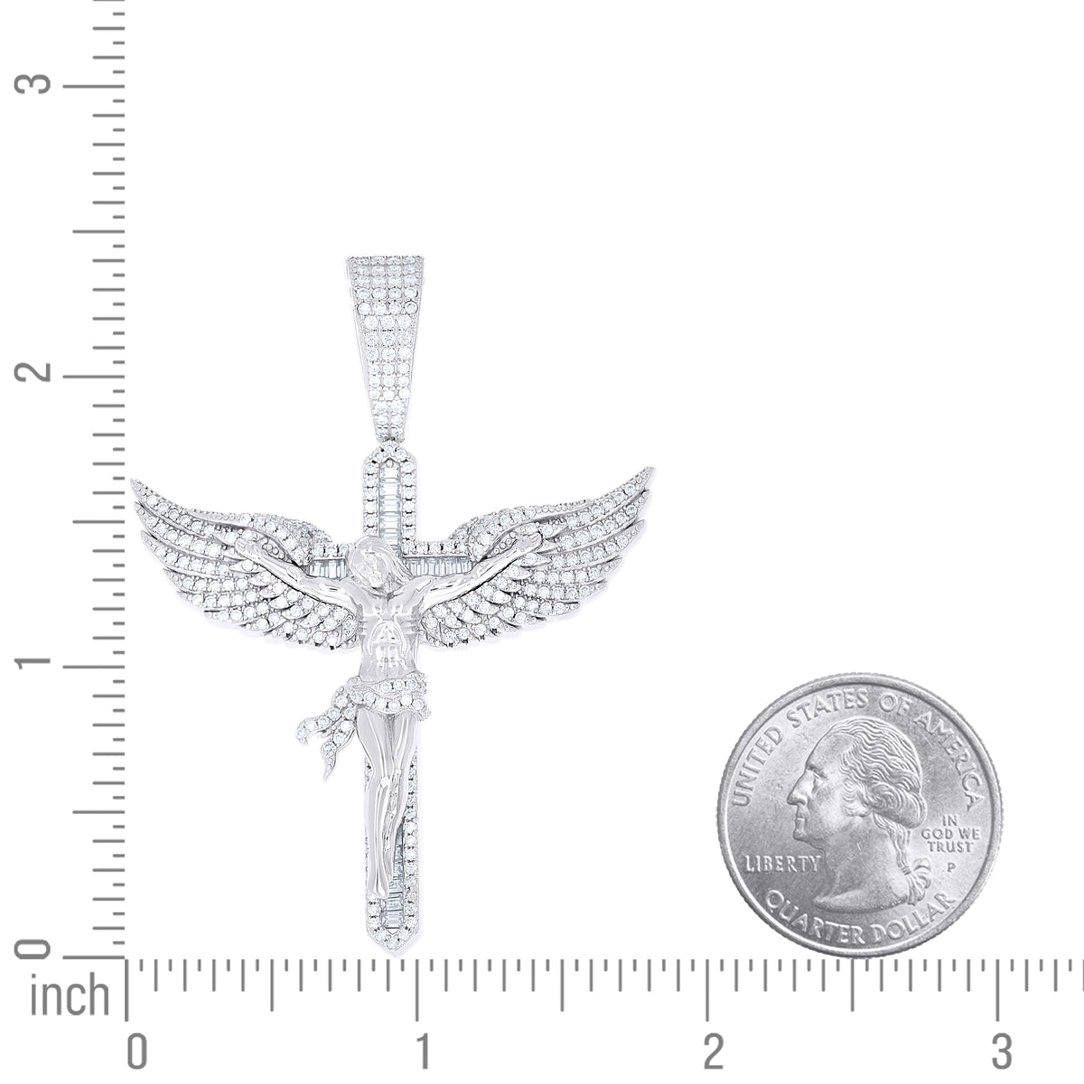 925 Sterling Silver Men Round Baguette  1.54ct, 0.80ct Moissanite Angel Wing Crucifix Religious Pendant