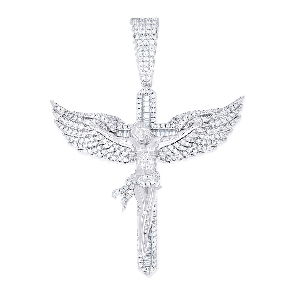 925 Sterling Silver Men Round Baguette  1.54ct, 0.80ct Moissanite Angel Wing Crucifix Religious Pendant