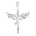 925 Sterling Silver Men Round Baguette  1.54ct, 0.80ct Moissanite Angel Wing Crucifix Religious Pendant