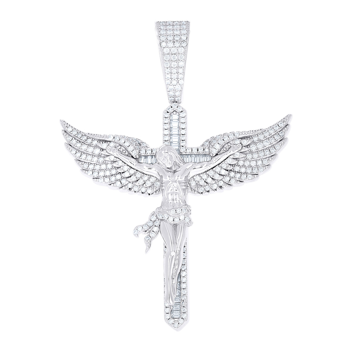 925 Sterling Silver Men Round Baguette  1.54ct, 0.80ct Moissanite Angel Wing Crucifix Religious Pendant