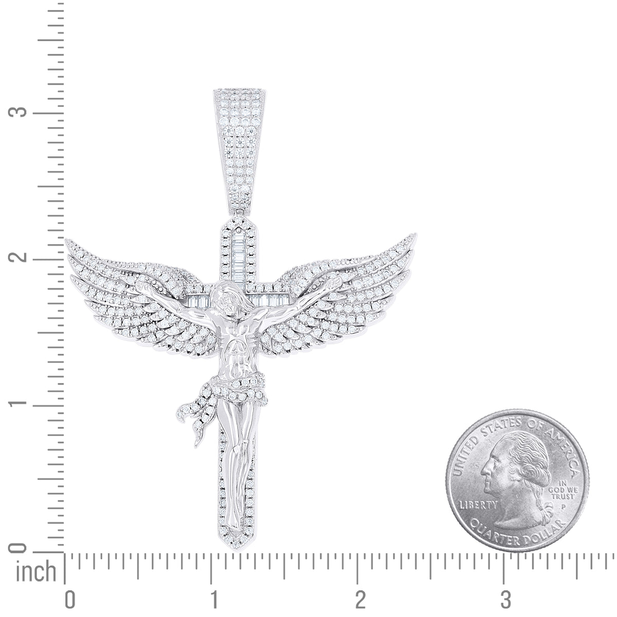 925 Sterling Silver Men Round Baguette  3.36ct, 1.47ct Moissanite Angel Wing Crucifix Religious Pendant