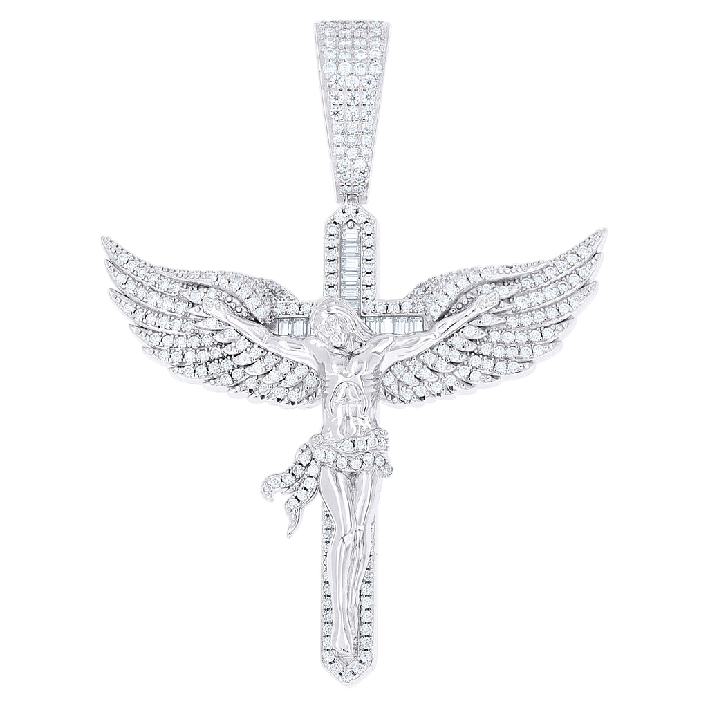 925 Sterling Silver Men Round Baguette  3.36ct, 1.47ct Moissanite Angel Wing Crucifix Religious Pendant
