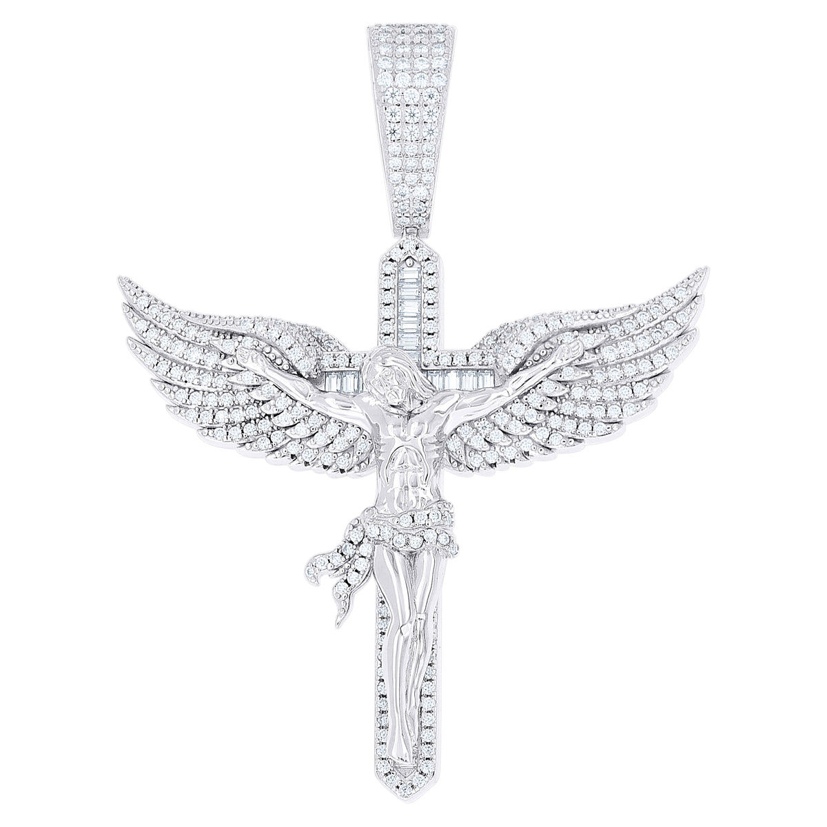 925 Sterling Silver Men Round Baguette  3.36ct, 1.47ct Moissanite Angel Wing Crucifix Religious Pendant