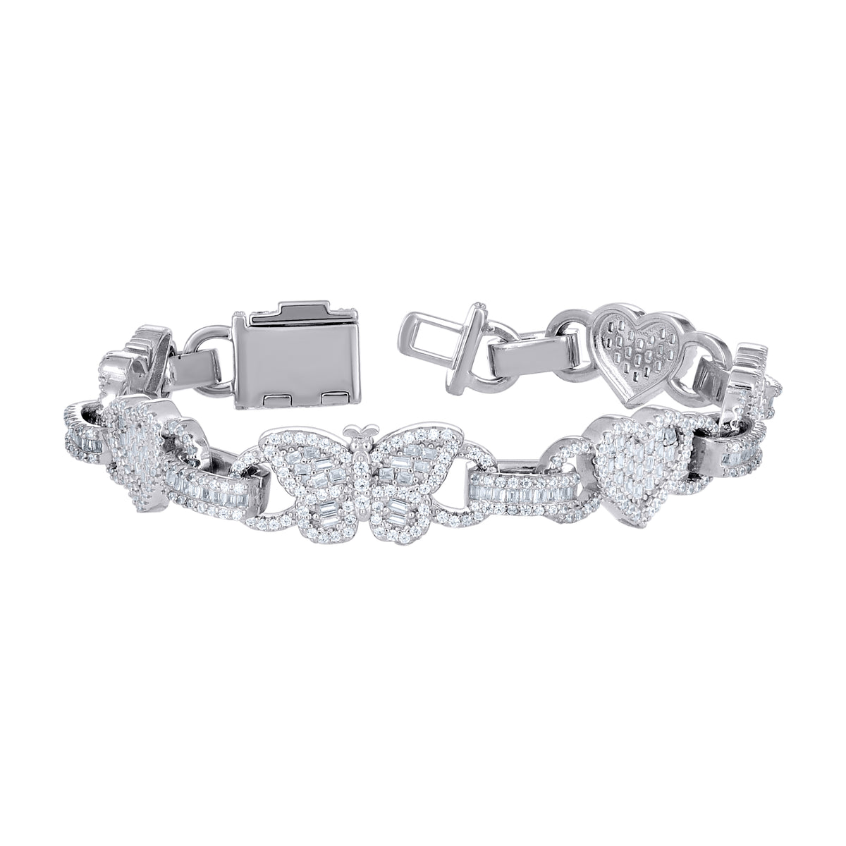 925 Sterling Silver Womens Baguette Round Cubic-Zirconia Hearts & Butterfly Love Bracelet 7.5 Inches