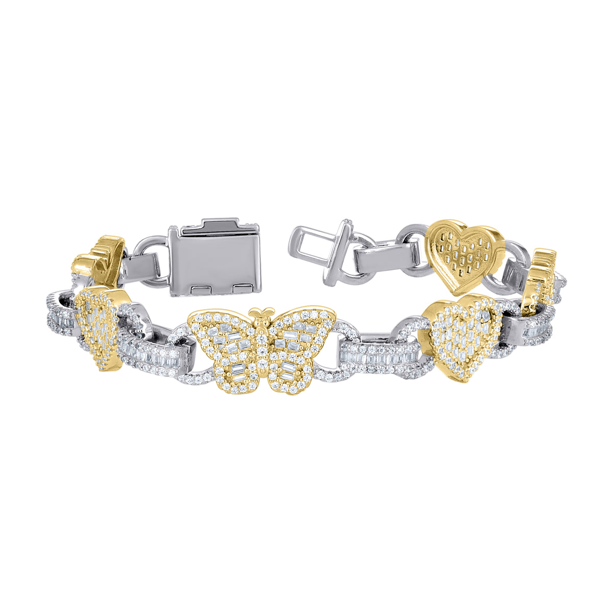 925 Sterling Silver Yellow-tone Womens Cubic-Zirconia Hearts & Butterfly Love Bracelet 7.5 Inches