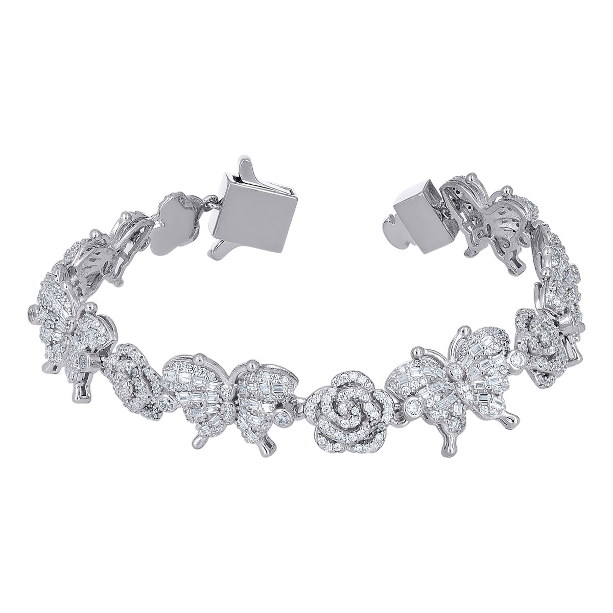 925 Sterling Silver Womens Baguette Round Cubic-Zirconia Flower & Butterfly Bracelet 7.5 Inches