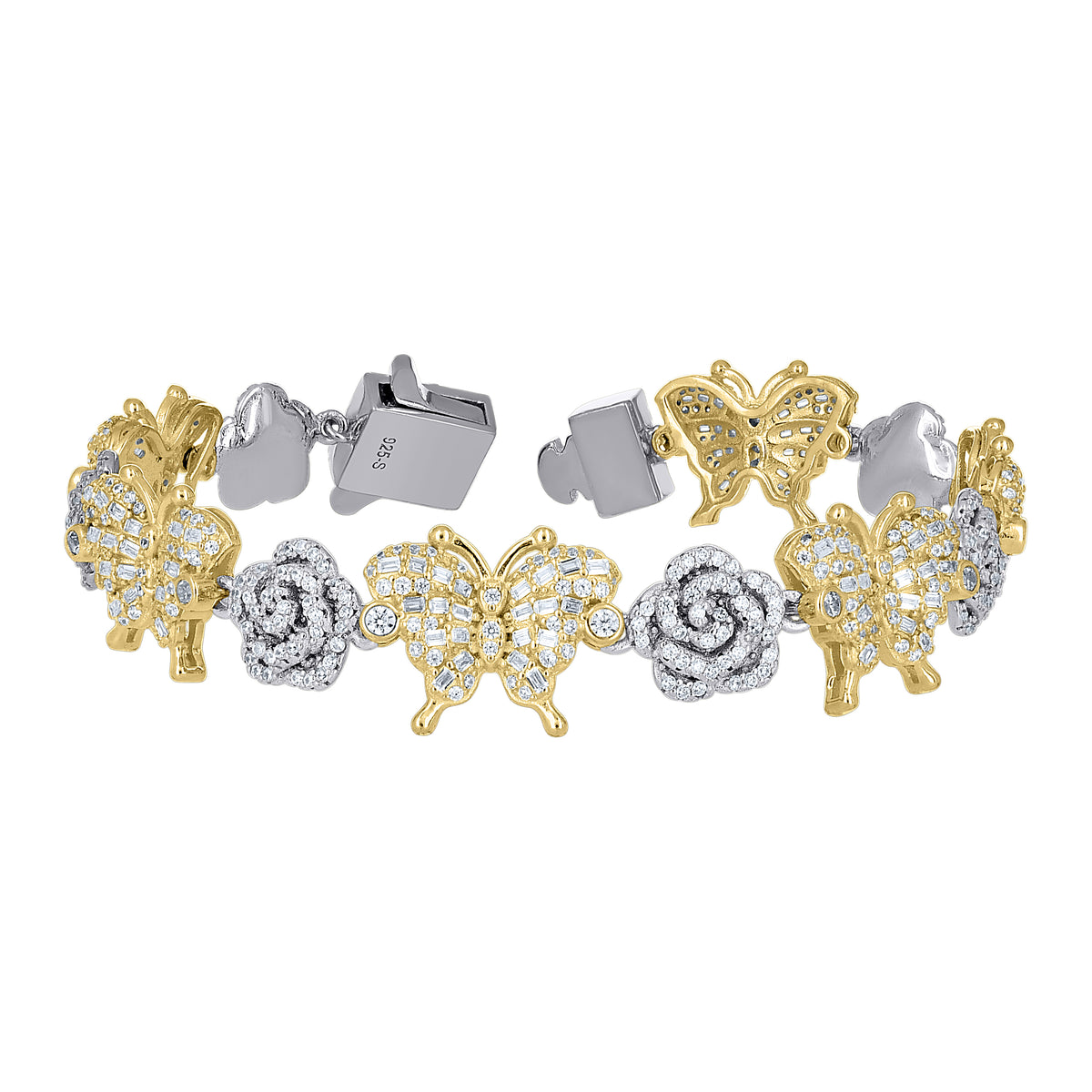 925 Sterling Silver Yellow-tone Womens Cubic-Zirconia Flower & Butterfly Bracelet 7.5 Inches