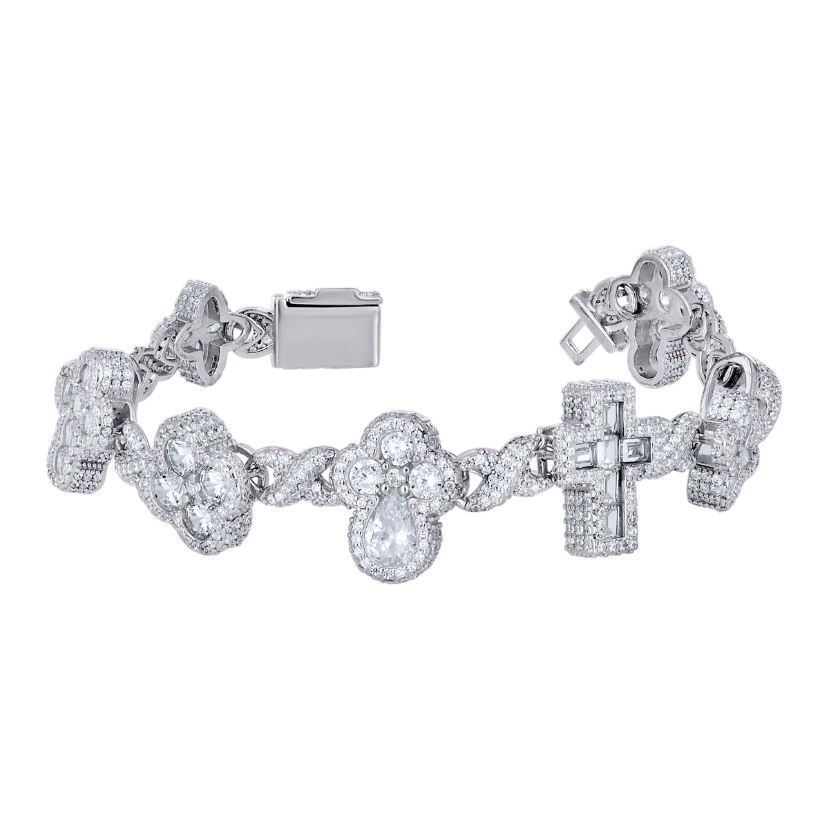 925 Sterling Silver Womens Baguette/Pear Round Cubic-Zirconia Crosses Religious Bracelet 7.5 Inches