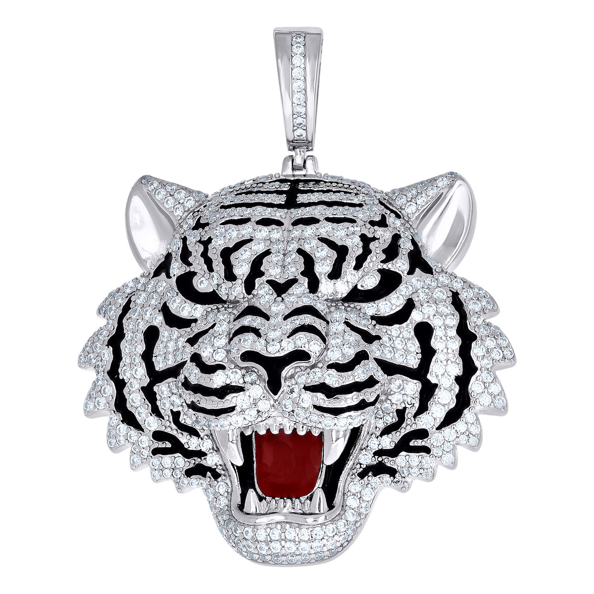 925 Sterling Silver Mens Cubic-Zirconia Black Red Enameled Tiger Head Animal Wildlife Charm Pendant