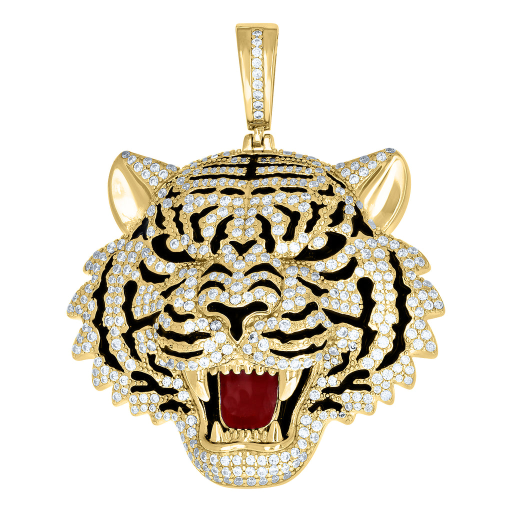 925 Sterling Silver Yellow-tone Mens Cubic-Zirconia Black Red Enameled Tiger Head Animal Pendant