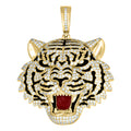 925 Sterling Silver Yellow-tone Mens Cubic-Zirconia Black Red Enameled Tiger Head Animal Pendant