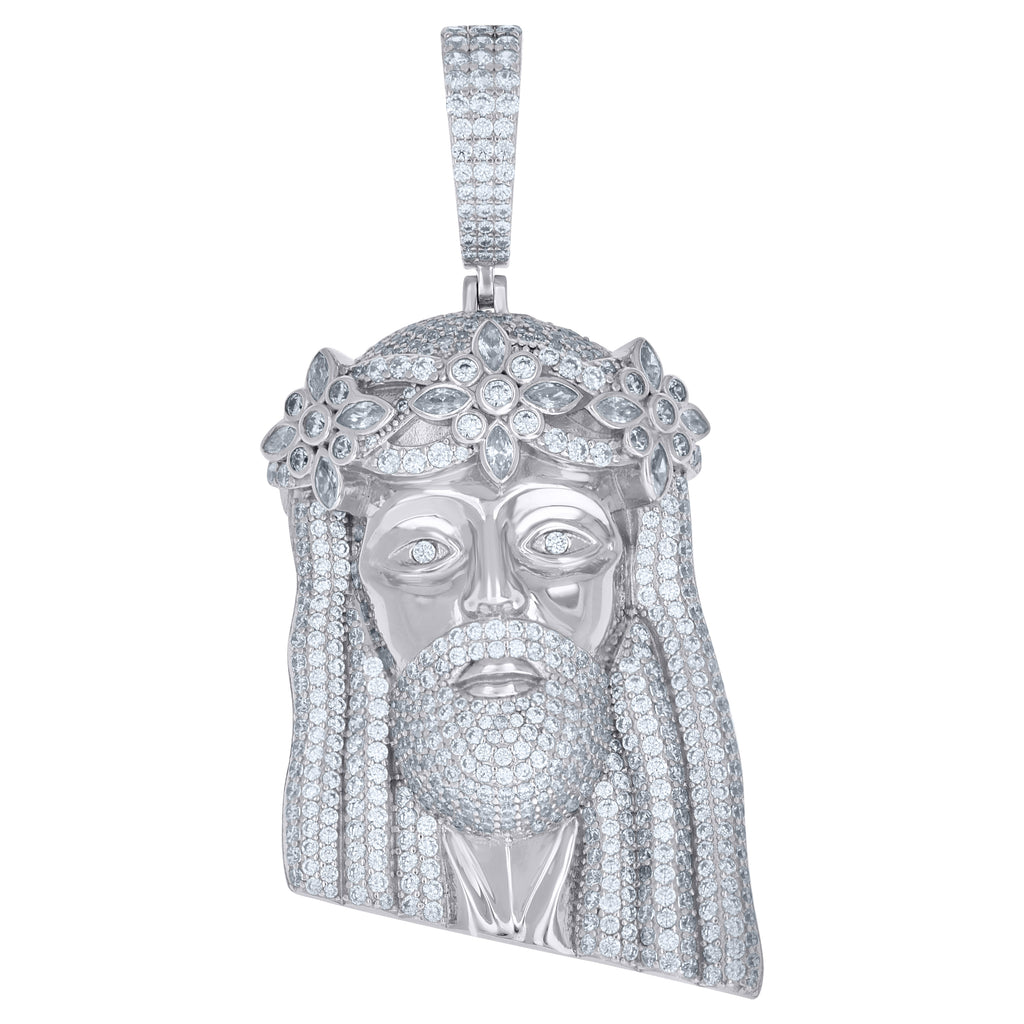 925 Sterling Silver Mens Round Marquise Cubic-Zirconia Jesus Religious Charm Pendant