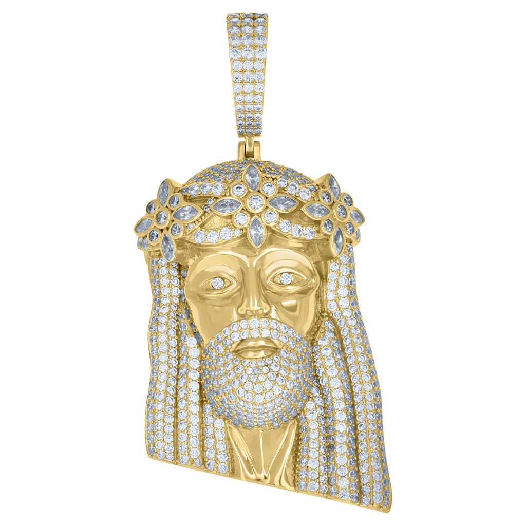 925 Sterling Silver Yellow-tone Mens Round Marquise Cubic-Zirconia Jesus Religious Charm Pendant