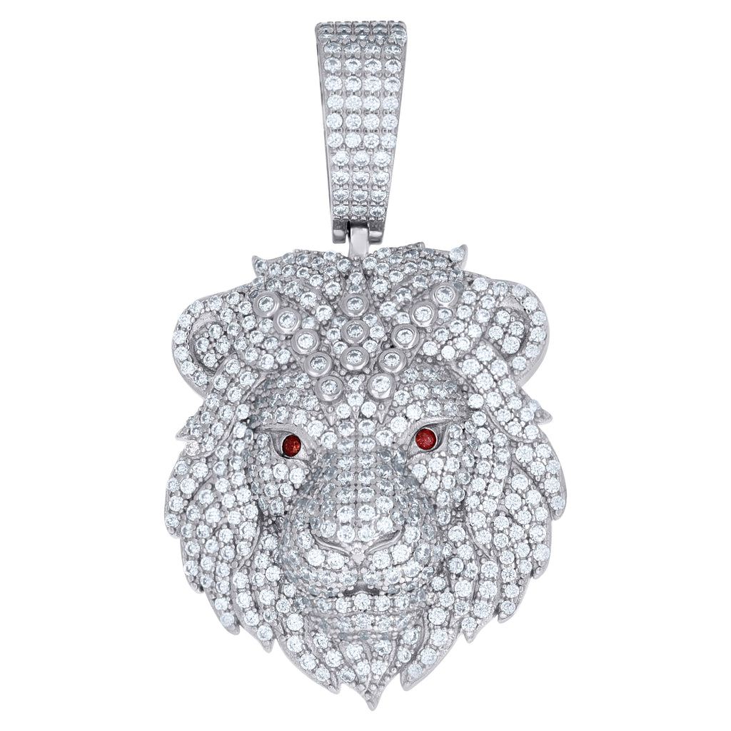 925 Sterling Silver Mens White Red Cubic-Zirconia Leo/Lion Head Zodiac Sign/Wildlife Charm Pendant