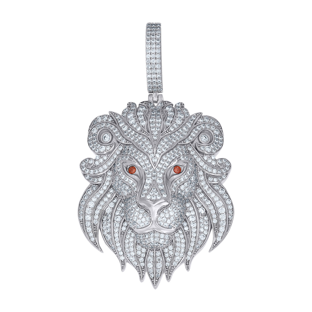 925 Sterling Silver Mens White Red Cubic-Zirconia Leo/Lion Head Zodiac Sign/Wildlife Charm Pendant