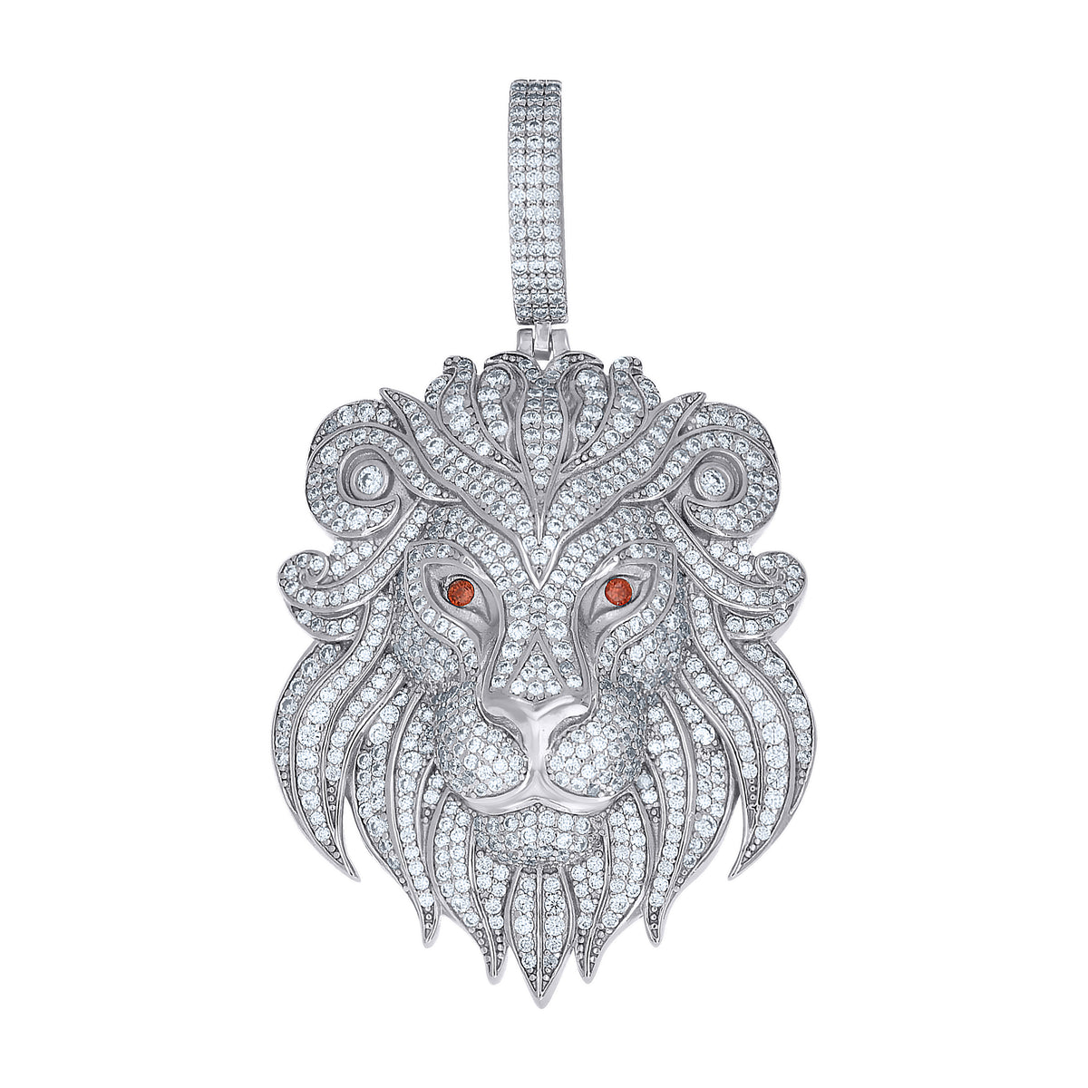 925 Sterling Silver Mens White Red Cubic-Zirconia Leo/Lion Head Zodiac Sign/Wildlife Charm Pendant
