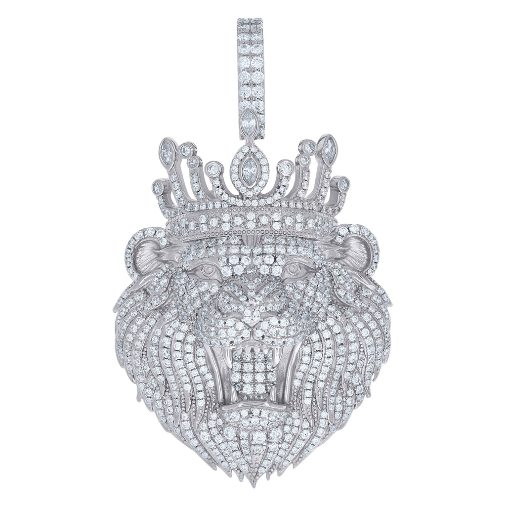 925 Sterling Silver Mens Round Marquise Cubic-Zirconia Leo/Lion Head Zodiac Sign/Wildlife Pendant