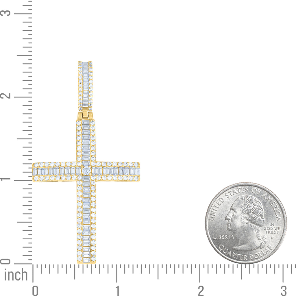 925 Sterling Silver Yellow-tone Mens Round Baguette Cubic-Zirconia Cross Religious Charm Pendant