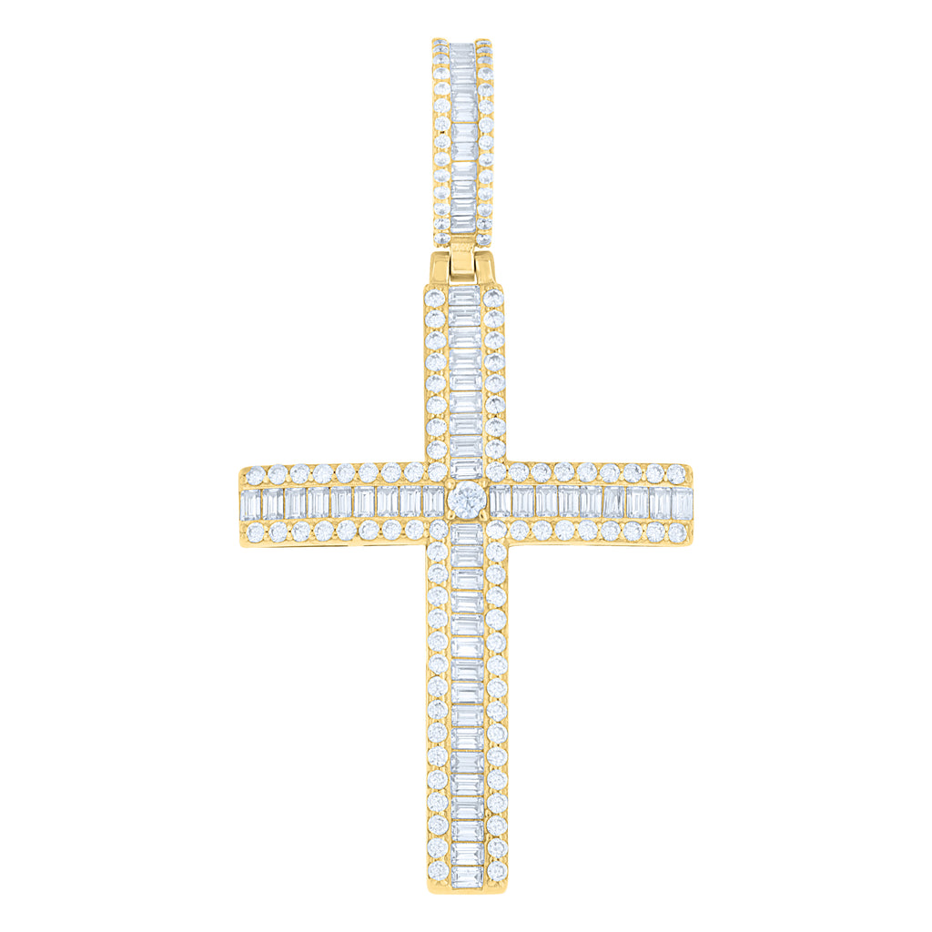 925 Sterling Silver Yellow-tone Mens Round Baguette Cubic-Zirconia Cross Religious Charm Pendant
