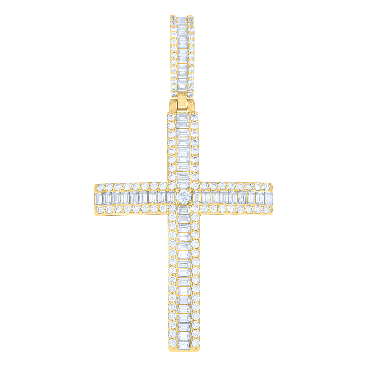 925 Sterling Silver Yellow-tone Mens Round Baguette Cubic-Zirconia Cross Religious Charm Pendant