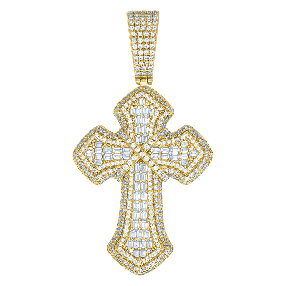 925 Sterling Silver Yellow-tone Mens Round Baguette Cubic-Zirconia Cross Religious Charm Pendant