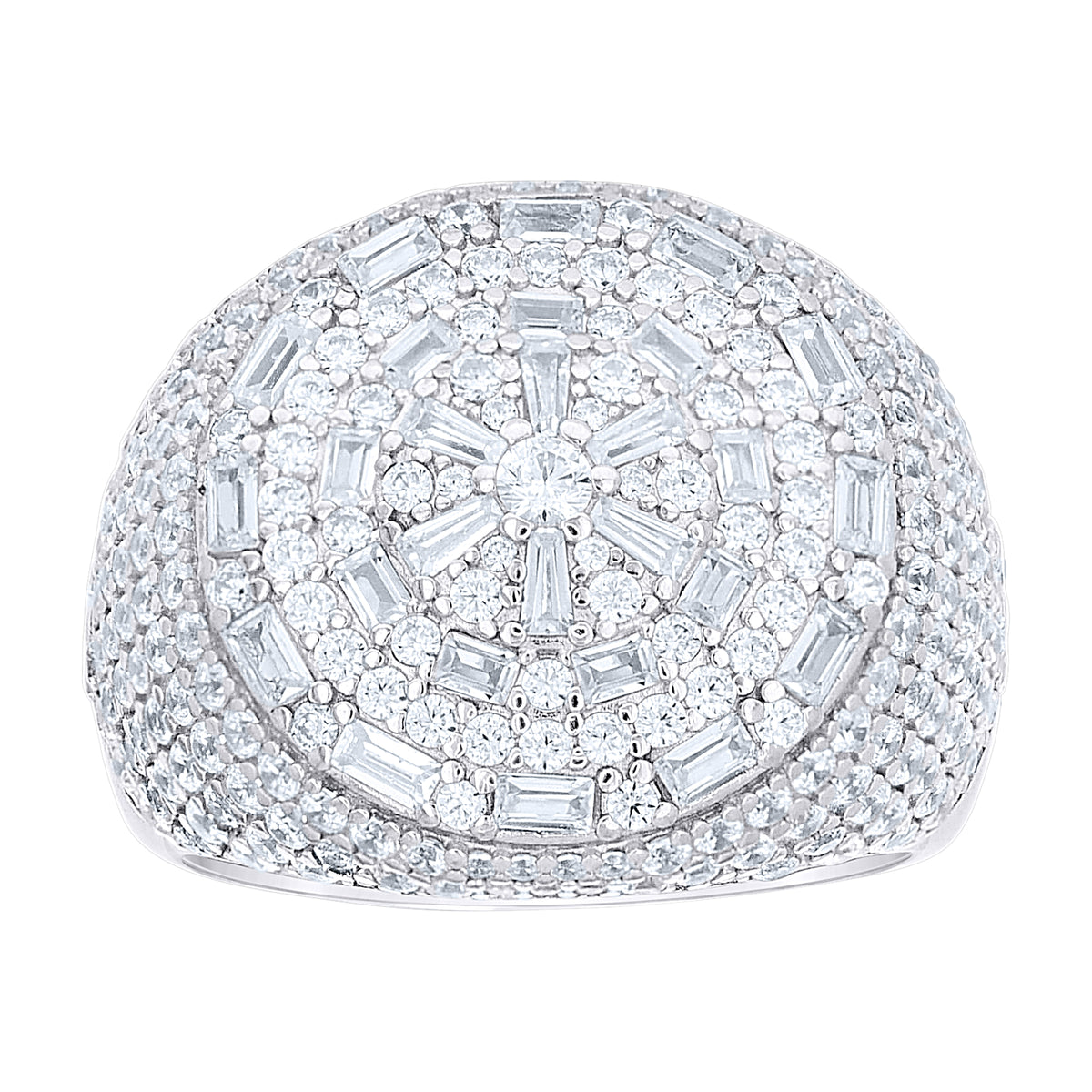 925 Sterling Silver Mens Baguette Round Cubic-Zirconia Round Head Cluster Fashion Ring