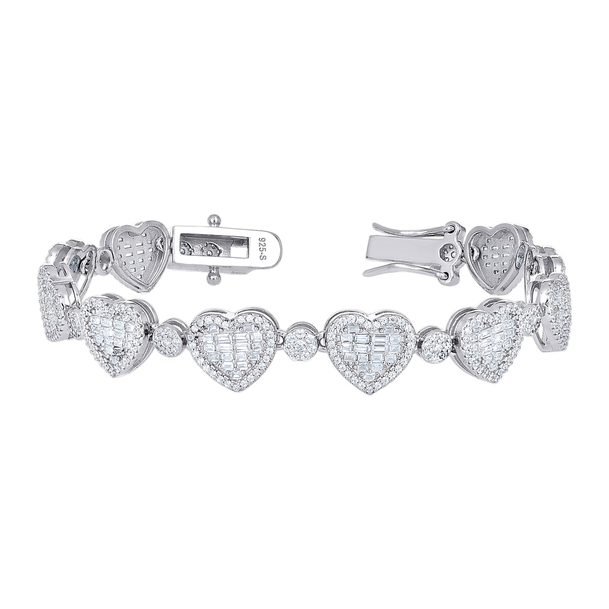 925 Sterling Silver Womens Baguette Round Cubic-Zirconia Hearts Fashion Link Bracelet 7 Inches