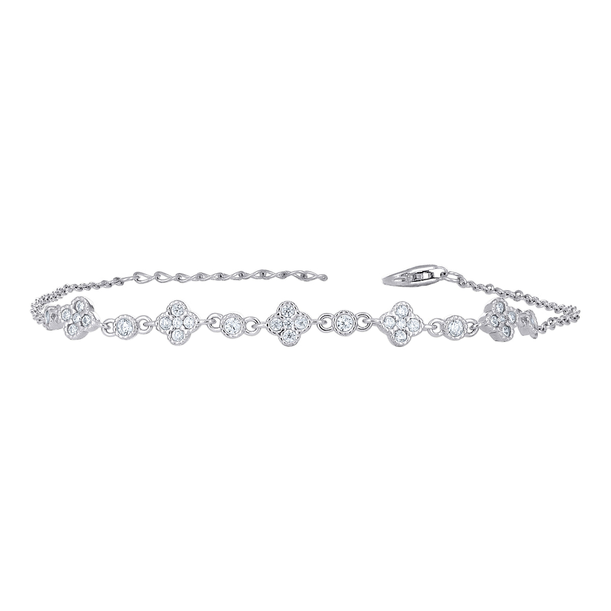 925 Sterling Silver Womens Cubic-Zirconia Clover Good Luck Fashion Link Bracelet 8 Inches
