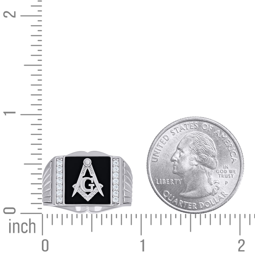 925 Sterling Silver Mens Cubic-Zirconia Enameled Masonic Symbol Ring Size 9
