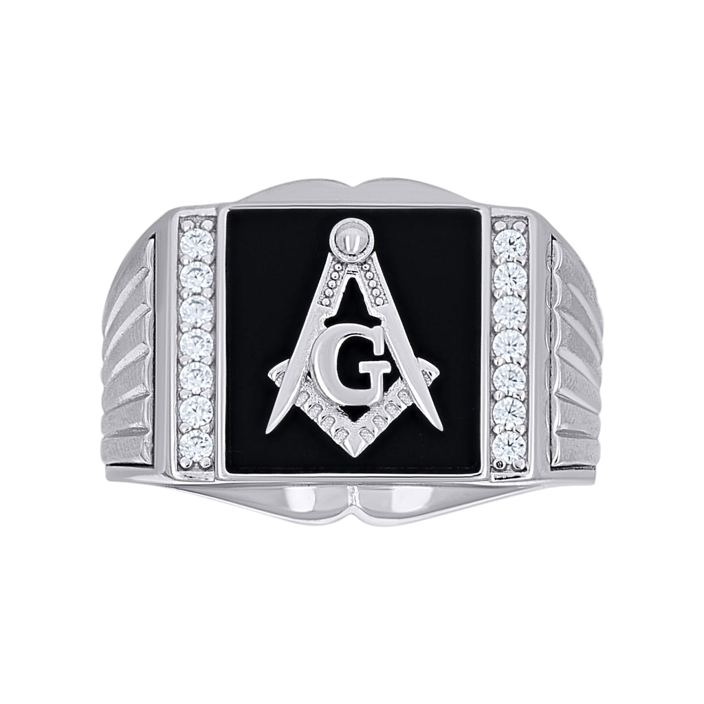 925 Sterling Silver Mens Cubic-Zirconia Enameled Masonic Symbol Ring Size 10